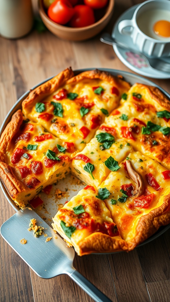 Savory 8x8 Breakfast Egg Bake Savory 8x8 breakfast egg bake with vegetables and cheese, served on a wooden table.